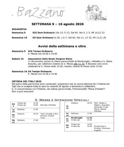 Settimana dal 9 al 16 Agosto 2026