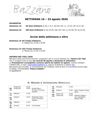 Settimana dal 16 al 23 agosto 2026