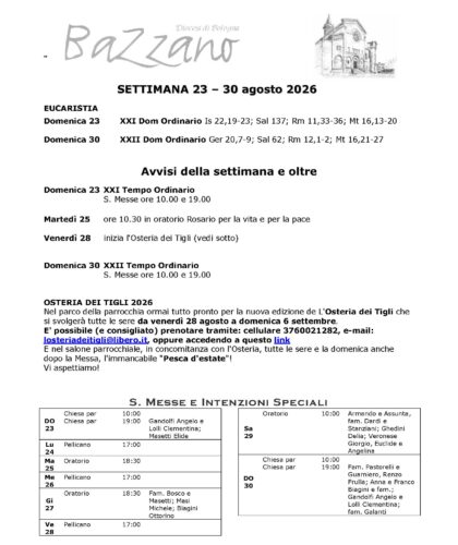 Settimana dal 23 al 30 Agosto 2026