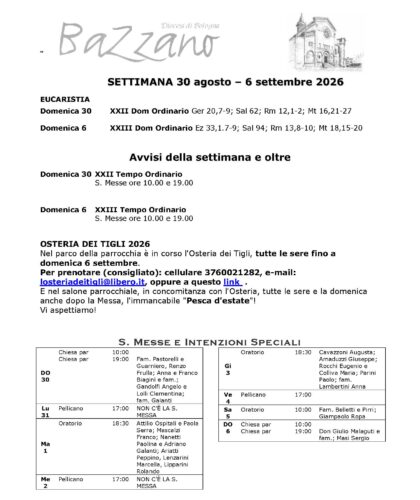 Settimana dal 30 agosto al 6 settembre 2026