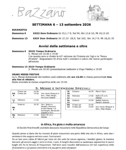 Settimana dal 6 al 13 Settembre 2026