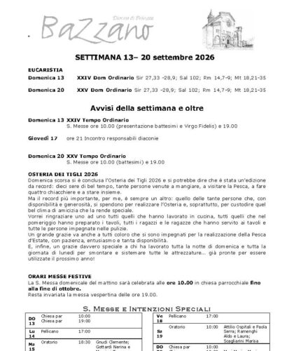 Settimana dal 13 al 20 Settembre 2026