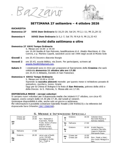 Settimana dal 27 settembre al 4 ottobre 2026