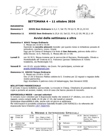 Settimana dal 4 all' 11 ottobre 2026