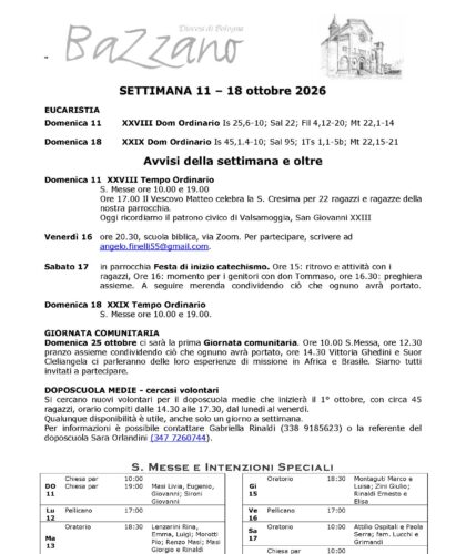 Settimana dal 11 al 18 ottobre 2026